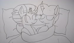 Size: 4837x2834 | Tagged: safe, artist:徐詩珮, imported from derpibooru, fizzlepop berrytwist, spring rain, tempest shadow, pony, unicorn, broken horn, female, horn, lesbian, lineart, mare, shipping, sleeping, springshadow, traditional art