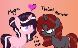 Size: 1410x882 | Tagged: safe, artist:mrbunbun20056, imported from derpibooru, oc, oc only, oc:curse word, oc:magpie, pony, unicorn, bedroom eyes, female, glasses, gradient background, heart, horn, lesbian, mare, oc x oc, shipping, smiling, smirk, unicorn oc