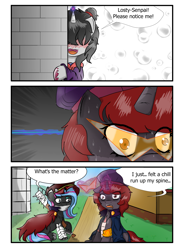 Size: 4015x5456 | Tagged: safe, artist:dusk-spark, imported from derpibooru, oc, oc only, oc:curse word, oc:scribbler, pony, unicorn, bandage, baseball bat, clothes, comic, costume, derp, dialogue, eye clipping through hair, female, glasses, glowing horn, hat, horn, magic, mare, nervous, notice me senpai, sitting, sweat, telekinesis, unicorn oc, unshorn fetlocks