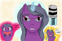 Size: 1367x906 | Tagged: safe, artist:randomreader-001, imported from derpibooru, oc, oc only, oc:curse word, pony, unicorn, censored vulgarity, cross-popping veins, female, glasses, glowing horn, grawlixes, horn, magic, mare, microphone, red eyes, solo, telekinesis, tongue out, unicorn oc