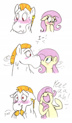 Size: 1433x2444 | Tagged: dead source, safe, artist:frankilew, imported from derpibooru, bulk biceps, fluttershy, pegasus, pony, accidental kiss, blushing, bust, cheering, comic, cute, ear piercing, earring, female, floppy ears, flutterbulk, frown, grin, happy, jewelry, kissing, male, nervous, open mouth, piercing, role reversal, shipping, shy, smiling, straight, sweat, traditional art, wide eyes, yay, yeah