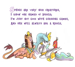 Size: 942x848 | Tagged: safe, artist:frankilew, imported from derpibooru, philomena, princess celestia, alicorn, phoenix, pony, sphinx, celestia abc, crown, ethereal mane, female, hoof shoes, jewelry, mare, peytral, regalia, rhyme, simple background, white background