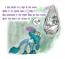 Size: 942x848 | Tagged: safe, artist:frankilew, imported from derpibooru, princess celestia, oc, alicorn, kirin, pony, celestia abc, colored fetlocks, female, mare, net, pictogram, poem, speech bubble, traditional art, trapped, unshorn fetlocks