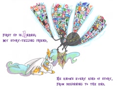 Size: 1036x771 | Tagged: safe, artist:frankilew, imported from derpibooru, princess celestia, alicorn, pony, spider, celestia abc, anansi, crown, duo, ethereal mane, female, hoof shoes, jewelry, mare, peytral, poem, prone, regalia, rhyme, simple background, spider web, traditional art, white background