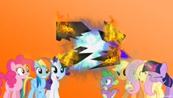 Size: 960x540 | Tagged: safe, artist:alanshimuratyli, imported from derpibooru, applejack, fluttershy, pinkie pie, rainbow dash, rarity, spike, twilight sparkle, earth pony, pegasus, pony, unicorn, end of ponies, fire, g5, g5 drama, glowing horn, horn, magic, mane seven, mane six, op is a duck, op is trying to start shit, op is trying to start shit so badly that it's kinda funny, op isn't even trying anymore, season 10, the ride never ends