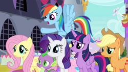 Size: 1920x1080 | Tagged: safe, imported from derpibooru, screencap, applejack, fluttershy, rainbow dash, rarity, spike, twilight sparkle, alicorn, pony, the ending of the end, saddle bag, twilight sparkle (alicorn)