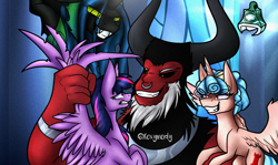 Size: 2850x1700 | Tagged: safe, artist:roxymoidy, deleted from derpibooru, imported from derpibooru, cozy glow, lord tirek, queen chrysalis, the ending of the end, antagonist, digital art, evil grin, grin, legion of doom, scene interpretation, smiling, speedpaint, villian