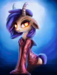 Size: 2550x3300 | Tagged: safe, artist:stdeadra, imported from derpibooru, oc, oc only, demon, demon pony, original species, pony, succubus, blouse, blue, horn, solo, yellow eyes