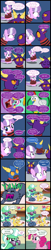 Size: 2000x9847 | Tagged: safe, artist:magerblutooth, imported from derpibooru, carrot cake, cup cake, diamond tiara, pinkie pie, oc, oc:aunt spoiled, oc:dazzle, oc:handy dandy, oc:il, oc:peal, bird, cat, chicken, earth pony, imp, pony, comic:diamond and dazzle, cherry, comic, food, heart's reproach, sugarcube corner, sundae, sunglasses