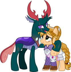 Size: 4833x4845 | Tagged: safe, artist:vector-brony, imported from derpibooru, pharynx, oc, oc:jeweled faith, oc:kc, changedling, changeling, pony, hoof around neck, hug, prince pharynx, scar, simple background, transparent background