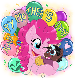 Size: 717x741 | Tagged: safe, artist:shalonesk, imported from derpibooru, discord, pinkie pie, oc, oc:distort sphere, draconequus, draconequus oc, duo, female, interspecies offspring, male, mother and son, mother's day, offspring, op is a slowpoke, parent:discord, parent:pinkie pie, parents:discopie