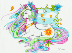 Size: 1627x1204 | Tagged: safe, artist:flower nymph, artist:longinius, imported from derpibooru, princess celestia, alicorn, butterfly, pony, abstract background, crown, cutie mark, eyeshadow, female, flower, flower in hair, jewelry, lidded eyes, makeup, mare, marker drawing, regalia, simple background, solo, traditional art, vine, white background