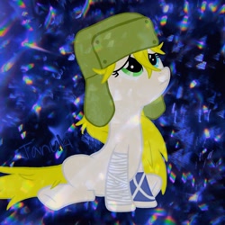 Size: 1869x1869 | Tagged: safe, artist:kobato98, imported from derpibooru, oc, oc only, oc:klever, earth pony, pony, bandage, female, hat, heterochromia, ponified, sad, solo, ushanka