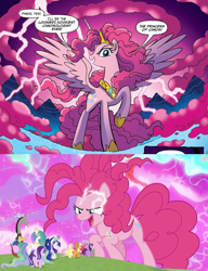 Size: 1230x1602 | Tagged: safe, edit, idw, imported from derpibooru, screencap, applejack, discord, fluttershy, pinkie pie, princess celestia, princess luna, rainbow dash, rarity, spike, starlight glimmer, twilight sparkle, alicorn, pony, the ending of the end, spoiler:comic, spoiler:comic57, alicornified, chaos magic, chaos pinkie, comparison, giant pony, grogar's bell, macro, mane six, oh crap, pinkiecorn, princess of chaos, race swap, twilight sparkle (alicorn), uh oh, xk-class end-of-the-world scenario