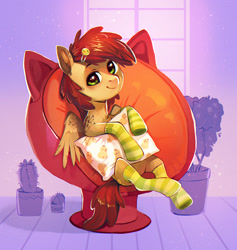 Size: 1000x1057 | Tagged: safe, artist:dearmary, imported from derpibooru, oc, oc only, pegasus, pony, cactus, clothes, pillow, socks, solo, striped socks