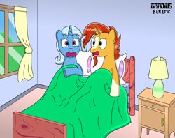 Size: 1912x1517 | Tagged: safe, artist:gradiusfanatic, imported from derpibooru, sunburst, trixie, pony, unicorn, bed, female, implied sex, male, mare, pillow, shipping, shocked, stallion, straight, trixburst