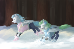 Size: 1600x1050 | Tagged: safe, artist:magistra, imported from derpibooru, oc, bat pony, pony, bat pony oc, duo, forest, snow