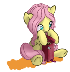 Size: 650x662 | Tagged: safe, artist:getanacocunttheysaid, imported from derpibooru, fluttershy, pegasus, pony, female, folded wings, implied angel bunny, looking at something, mare, present, simple background, sitting, solo, white background, wings