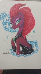 Size: 1152x2048 | Tagged: safe, artist:jadedjynx, imported from derpibooru, tempest shadow, pony, unicorn, broken horn, clothes, dress, female, horn, solo, traditional art