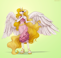 Size: 1257x1200 | Tagged: safe, artist:margony, imported from derpibooru, princess celestia, alicorn, anthro, plantigrade anthro, alternate hair color, clothes, crown, dress, female, jewelry, looking at you, mare, regalia, sandals, solo, yellow hair