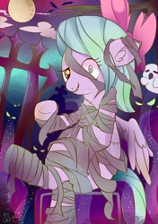 Size: 1024x1453 | Tagged: safe, artist:kumikoponylk, imported from derpibooru, flitter, bat, ghost, monster pony, pegasus, pony, clothes, costume, deviantart watermark, ear fluff, female, full moon, halloween, holiday, looking at you, mare, mismatched eyes, monster mare, moon, mummy, night, nightmare night, obtrusive watermark, solo, watermark