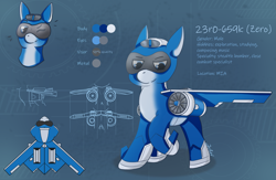 Size: 2859x1861 | Tagged: safe, artist:jesterpi, imported from derpibooru, oc, oc:zero, original species, plane pony, pony, abstract background, blue, blueprint, bright, commission, flare, flying engines, jet pony, one eye closed, plan, plane, profile, reference sheet, shadow, sky, smiling, smirk, standing, stealth, sun, wings, wink