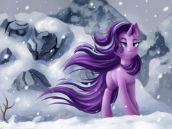 Size: 4000x3000 | Tagged: safe, artist:lightly-san, imported from derpibooru, starlight glimmer, pony, unicorn, season 9, the ending of the end, spoiler:s09, badass, cool guys don't look at explosions, ear fluff, female, lidded eyes, mare, scene interpretation, snow, solo