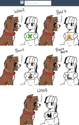 Size: 1600x2524 | Tagged: safe, artist:askwinonadog, imported from derpibooru, winona, oc, oc:obamare, bird, dog, ask winona, ask, bark, boat, boof, campfire, clover, comic, duo, four leaf clover, onomatopoeia, picture, rooster, sailboat, tesla coil, tumblr, woof