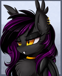 Size: 1446x1764 | Tagged: safe, artist:pridark, imported from derpibooru, oc, oc only, bat pony, pony, bat pony oc, bust, chest fluff, commission, digital art, ear piercing, fangs, female, mare, piercing, portrait, solo, tsundere, unamused