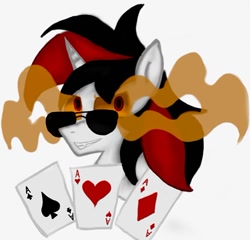 Size: 600x575 | Tagged: safe, artist:hunterthewastelander, imported from derpibooru, oc, oc only, oc:blackjack, pony, unicorn, fallout equestria, fallout equestria: project horizons, bust, card, fanfic, fanfic art, female, grin, horn, mare, playing card, simple background, smiling, solo, sombra eyes, sunglasses, unicorn oc, white background