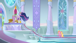 Size: 1366x768 | Tagged: safe, imported from derpibooru, screencap, luster dawn, spike, twilight sparkle, alicorn, dragon, pony, unicorn, the last problem, banner, canterlot throne room, carpet, column, crown, disbelief, female, gigachad spike, hoof shoes, jewelry, male, mare, medallion, older, older spike, older twilight, peytral, princess twilight 2.0, regalia, stained glass, stained glass window, throne, throne room, twilight sparkle (alicorn), winged spike, wings