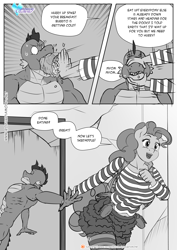 Size: 1200x1697 | Tagged: safe, artist:pia-sama, imported from derpibooru, pinkie pie, spike, anthro, dragon, earth pony, comic:rogue diamond, adult, adult spike, burrito, clothed female nude male, clothes, comic, dragging, female, food, force feeding, gigachad spike, grenade, hand grenade, hand on head, hands on head, holding head, male, mare, monochrome, older, older spike, pantyhose, pulling, speech bubble