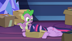 Size: 1366x768 | Tagged: safe, imported from derpibooru, screencap, spike, twilight sparkle, alicorn, dragon, the last problem, book, box, cardboard box, crushed, depressed, faceplant, twilight sparkle (alicorn), winged spike, wings