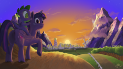 Size: 3840x2160 | Tagged: safe, artist:alabaster scarf, imported from derpibooru, spike, twilight sparkle, alicorn, dragon, canterlot, looking at you, mountain, mountain range, ponyville, scenery, sunset, twilight sparkle (alicorn), windmill, winged spike, wings