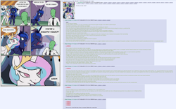 Size: 2534x1585 | Tagged: safe, artist:furseiseki, imported from derpibooru, princess celestia, princess luna, oc, oc:anon, alicorn, human, pony, /mlp/, 4chan, bedroom eyes, comic, crown, cute, dialogue, eyes closed, faggot, female, greentext, happy, hoof shoes, insult, jewelry, lunabetes, mare, meme origin, open mouth, peytral, pointing, regalia, reversed, smiling, smirk, speech bubble, text, the tables have turned, ur a faget, vulgar