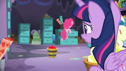 Size: 1366x768 | Tagged: safe, imported from derpibooru, screencap, pinkie pie, twilight sparkle, alicorn, earth pony, pony, the last problem, cabinet, cake, cherry, filing cabinet, food, party cave, roll, sad, twilight sparkle (alicorn)