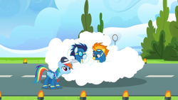 Size: 1366x768 | Tagged: safe, imported from derpibooru, screencap, rainbow dash, soarin', spitfire, pony, the last problem, cap, clothes, cloud, coach, coach rainbow dash, coaching cap, goggles, hat, rainbow dashs coaching whistle, runway, runway lights, tree, uniform, whistle, whistle necklace, wonderbolts, wonderbolts uniform