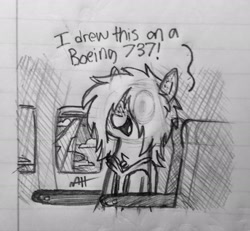 Size: 2048x1894 | Tagged: safe, artist:modocrisma, imported from derpibooru, oc, oc only, oc:sobakasu, earth pony, pony, aircraft, chest fluff, clothes, doodle, fluffy, freckles, happy, hidden eyes, hoodie, lined paper, male, monochrome, pencil drawing, photo, plane, ponysona, seat, sitting, sketch, solo, teenager, traditional art, watermark, window