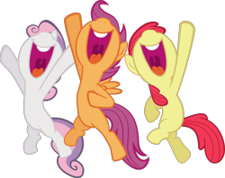 Size: 4252x3369 | Tagged: safe, artist:sir-teutonic-knight, edit, editor:slayerbvc, imported from derpibooru, vector edit, apple bloom, scootaloo, sweetie belle, pony, accessory-less edit, cutie mark crusaders, jumping, missing accessory, nose in the air, open mouth, simple background, smiling, transparent background, vector