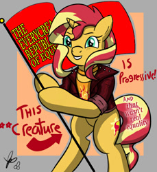 Size: 550x600 | Tagged: safe, artist:gamedevanon, artist:thedrizzle404, edit, edited edit, imported from derpibooru, sunset shimmer, pony, unicorn, arrow, bipedal, choker, clothes, communism, edit of an edit of an edit, everycreature, female, flag, flag pole, grin, hoof hold, jacket, jewelry, leather jacket, looking at you, mare, satire, signature, smiling, solo, soviet shimmer, squee, standing upright, text, this cat is gay and there's nothing you can do about it