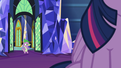 Size: 1366x768 | Tagged: safe, imported from derpibooru, screencap, spike, twilight sparkle, alicorn, the last problem, door, twilight sparkle (alicorn), twilight's castle