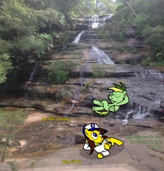 Size: 875x913 | Tagged: safe, artist:didgereethebrony, imported from derpibooru, part of a set, oc, oc only, oc:didgeree, oc:ponyseb, pegasus, pony, australia, clothes, hat, katoomba, katoomba falls, mlp in australia, relaxed, relaxing, sweater, waterfall