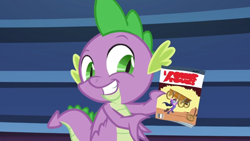 Size: 1366x768 | Tagged: safe, imported from derpibooru, screencap, spike, dragon, the last problem, book, bookshelf, comic book, male, smiling, solo, teeth, winged spike, wings