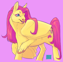 Size: 500x493 | Tagged: safe, artist:jayrockin, imported from derpibooru, fluttershy, pegasus, pony, tiny sapient ungulates, cheek fluff, ear fluff, female, fluffy, leg fluff, looking back, mare, neck fluff, open mouth, pink background, purple background, raised hoof, realistic, simple background, solo, spread wings, wing fluff, wings