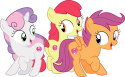 Size: 6089x3746 | Tagged: safe, artist:digimonlover101, artist:shootingstarsentry, edit, editor:slayerbvc, imported from derpibooru, vector edit, apple bloom, scootaloo, sweetie belle, earth pony, pegasus, pony, unicorn, surf and/or turf, absurd resolution, accessory-less edit, cute, cutie mark, cutie mark crusaders, female, filly, missing accessory, open mouth, simple background, the cmc's cutie marks, transparent background, trio, vector