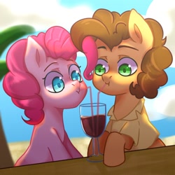 Size: 680x680 | Tagged: safe, artist:nocturne1113, imported from derpibooru, cheese sandwich, pinkie pie, earth pony, pony, beach, cheesepie, female, male, sharing a drink, shipping, straight, straw