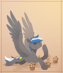 Size: 932x1080 | Tagged: safe, artist:koviry, imported from derpibooru, oc, oc only, oc:cloud zapper, pegasus, pony, food, male, muffin, solo