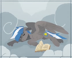Size: 1280x1037 | Tagged: safe, artist:koviry, imported from derpibooru, oc, oc only, oc:cloud zapper, pegasus, pony, book, cloud, male, sleeping, solo, stallion