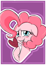 Size: 1000x1414 | Tagged: safe, artist:agus, imported from derpibooru, pinkie pie, pony, blushing, bust, cute, diapinkes, female, floppy ears, heart, looking at you, mare, portrait, smiling, solo