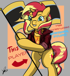 Size: 550x600 | Tagged: safe, artist:thedrizzle404, edit, edited edit, imported from derpibooru, sunset shimmer, pony, unicorn, clothes, female, flag, gamer sunset, jacket, leather jacket, mare, meme, standing upright, starcraft, this cat is gay and there's nothing you can do about it